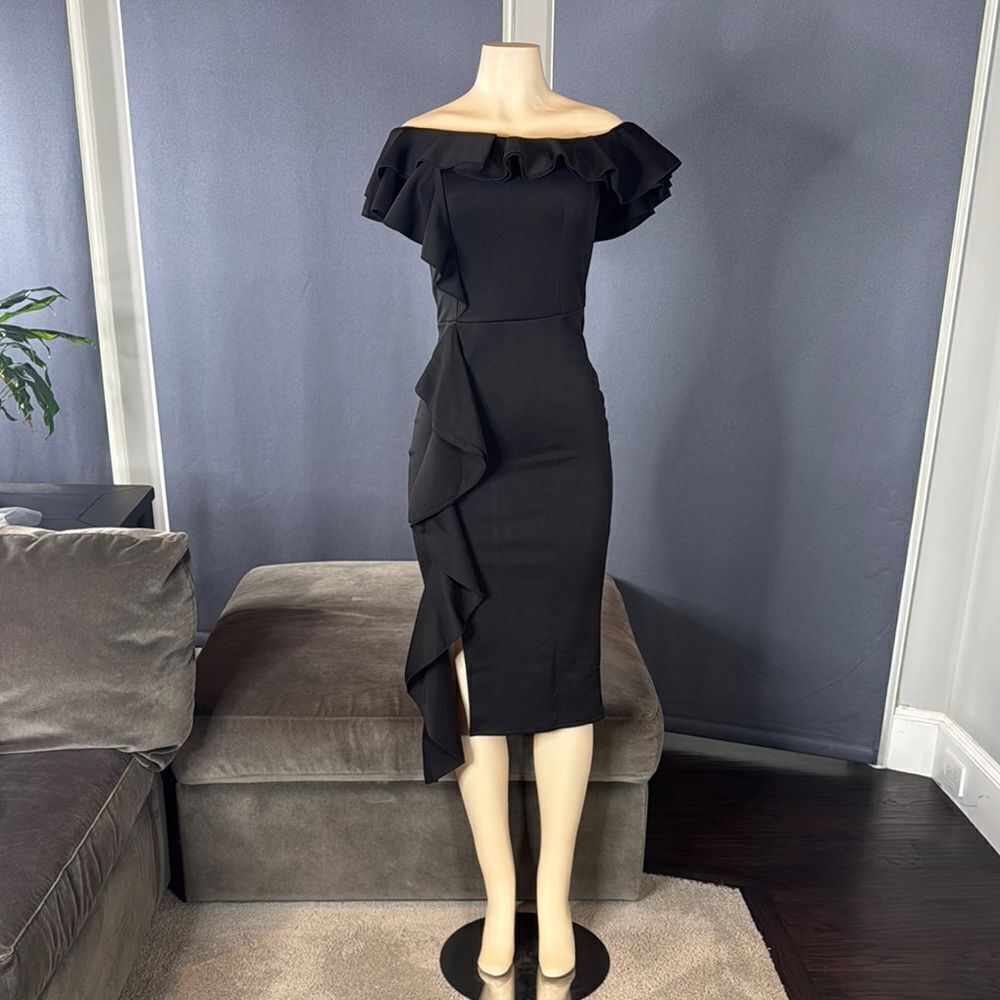 Women’s Black Off-Shoulder BodyCon Midi Dress with Ruffles Size S NWOT